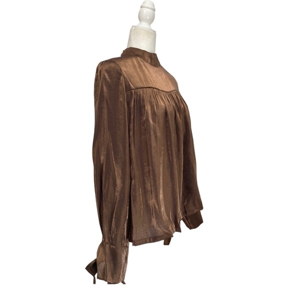 Allison New York Metallic Chiffon Smocked Long Tie bow Sleeve Blouse in Copper - Picture 3 of 9